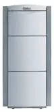 Vaillant Warmwasser-Schichtladespeicher in vertikaler Bauweise, mit schlichten, grauen und weißen Oberflächen, ausgestattet mit drei gleich großen Frontpaneelen.